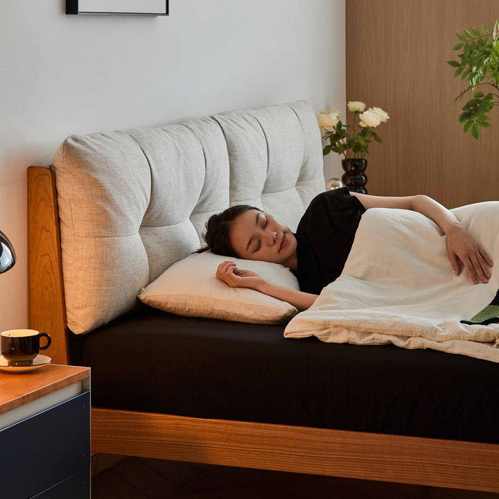 Scandinavian cherry wood cotton fabric bed serene in real life style.