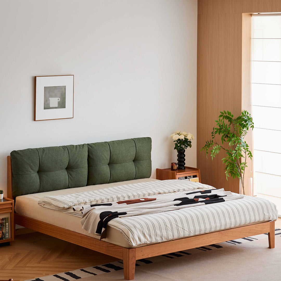 Scandinavian cherry wood cotton fabric bed serene in close up details.