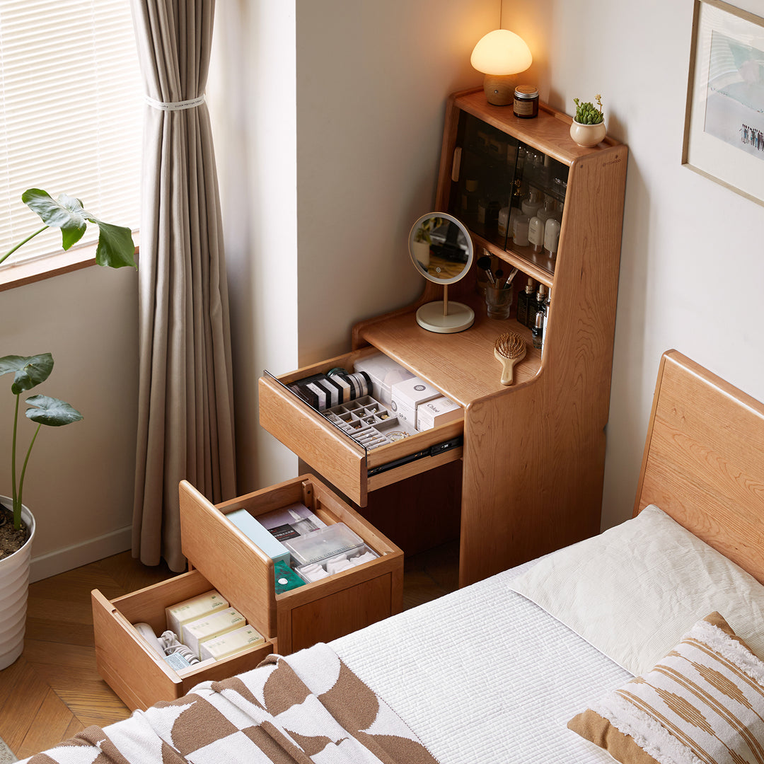 Scandinavian cherry wood dressing table with stool soulmate with context.