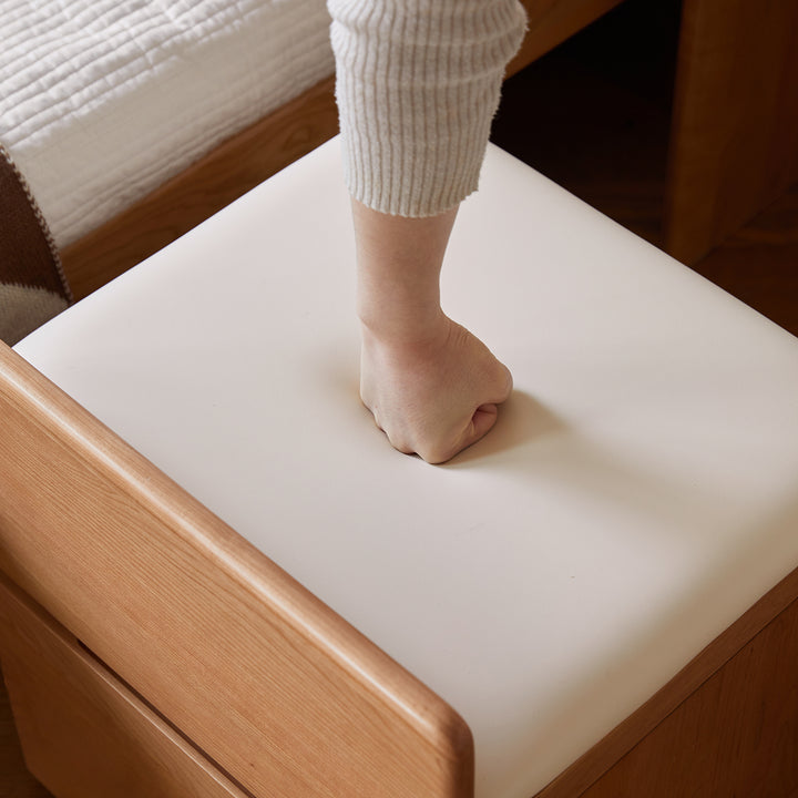 Scandinavian cherry wood dressing table with stool soulmate in close up details.