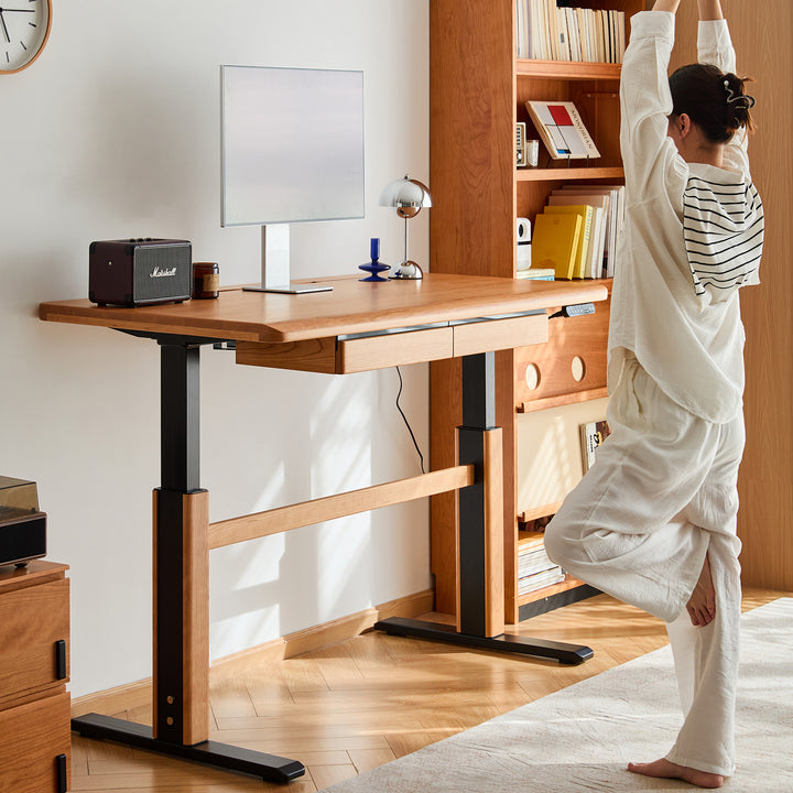 Scandinavian cherry wood electric height adjustable study table cloud lifting primary product view.