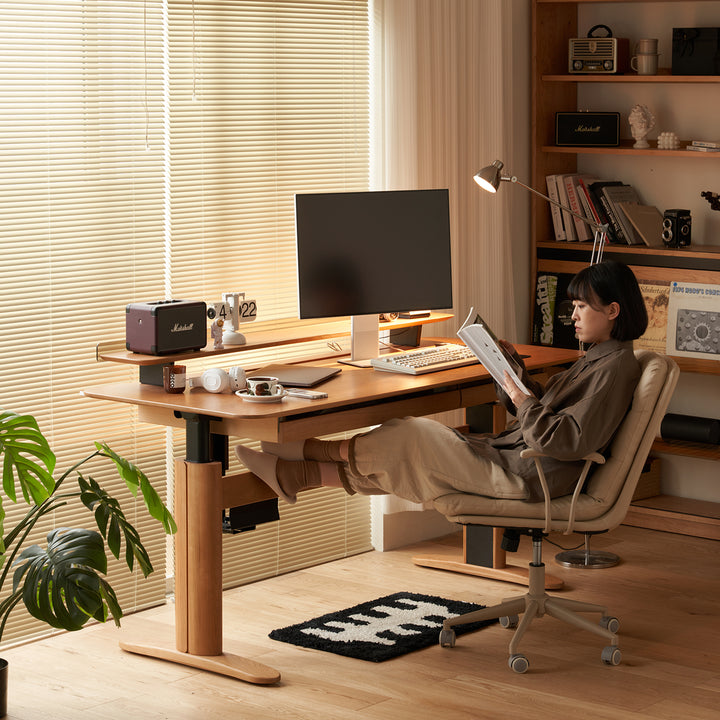 Scandinavian cherry wood electric height adjustable study table up color swatches.