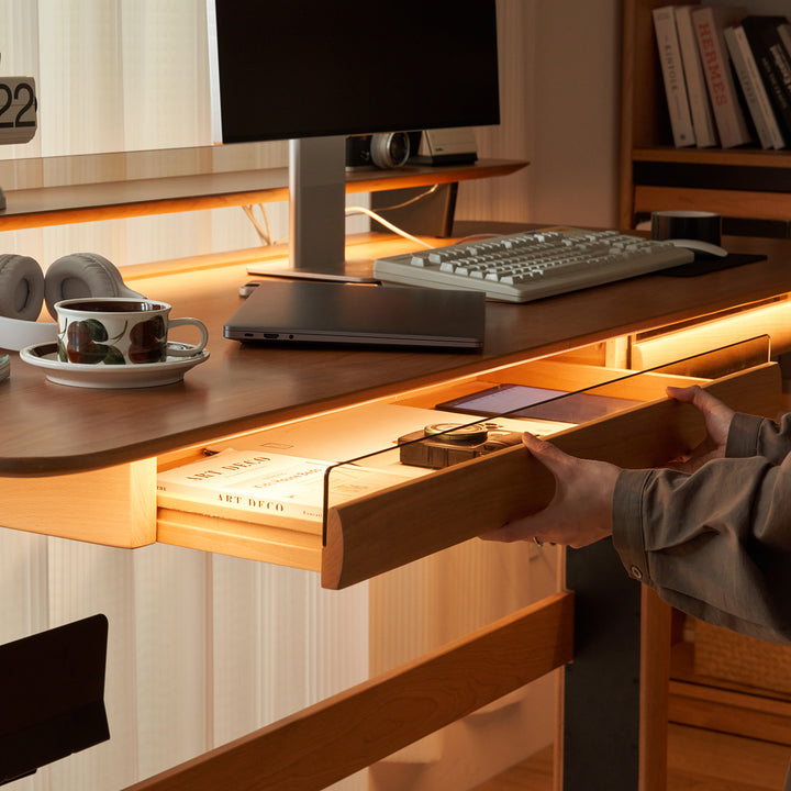 Scandinavian cherry wood electric height adjustable study table up in close up details.