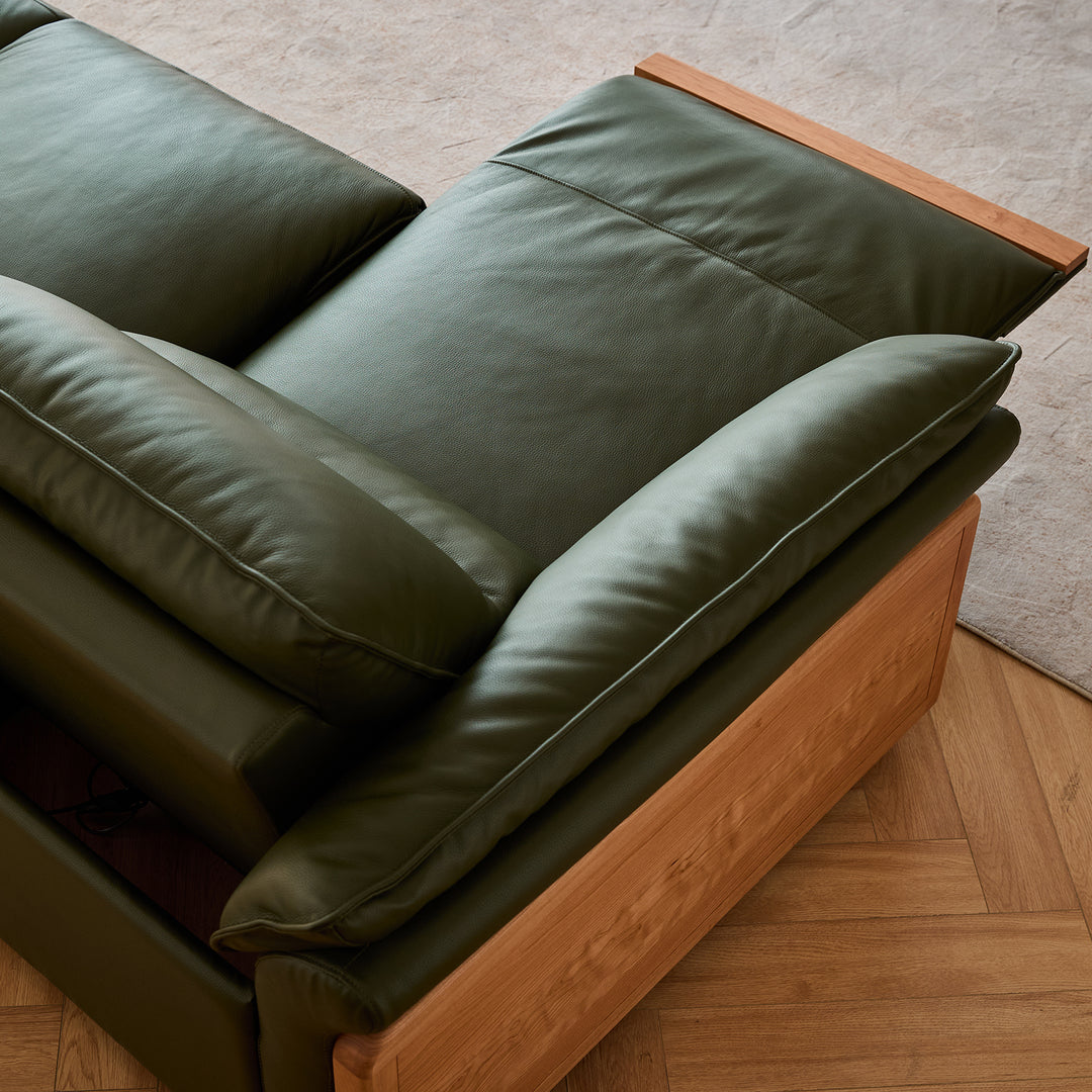 Scandinavian cherry wood genuine leather electric recliner 3 seater sofa edgeless in close up details.