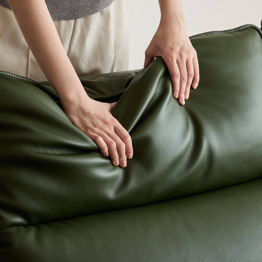 Scandinavian cherry wood genuine leather electric recliner 3 seater sofa edgeless in panoramic view.