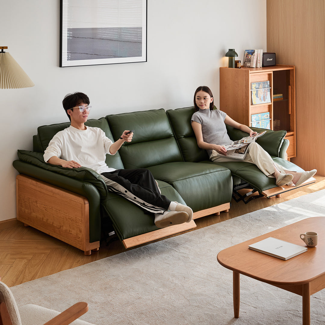 Scandinavian cherry wood genuine leather electric recliner 4 seater sofa edgeless primary product view.