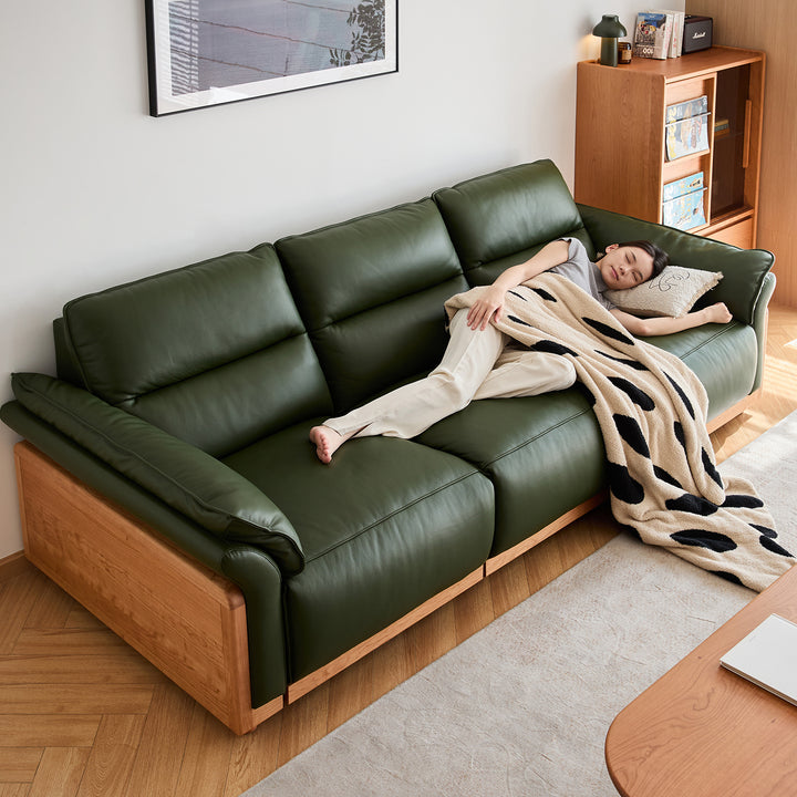 Scandinavian cherry wood genuine leather electric recliner 4 seater sofa edgeless in panoramic view.
