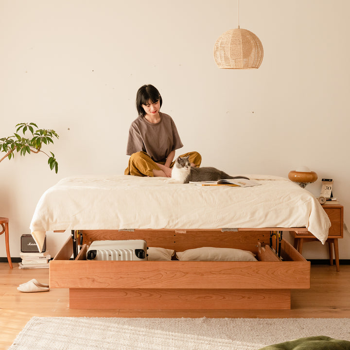 Scandinavian cherry wood lift-up storage platform bed  blue whale primary product view.