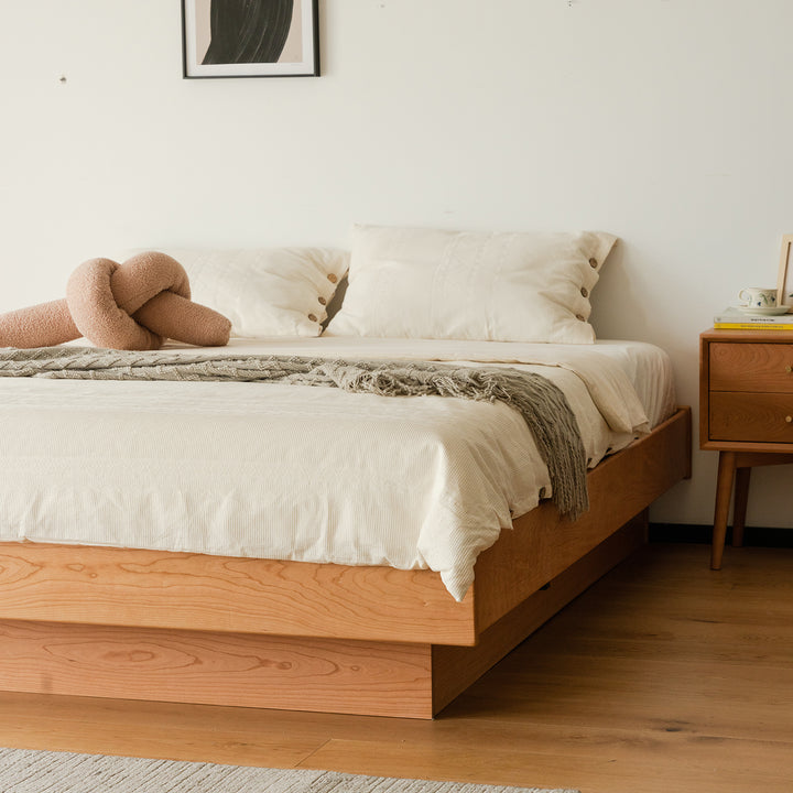 Scandinavian cherry wood lift-up storage platform bed  blue whale in panoramic view.