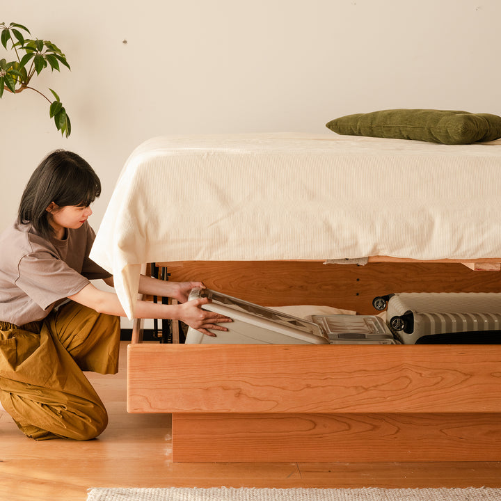 Scandinavian cherry wood lift-up storage platform bed  blue whale color swatches.