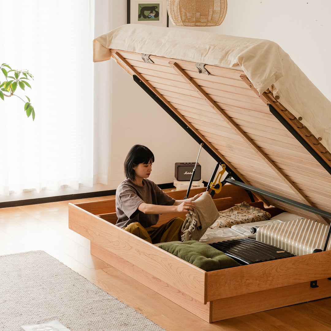 Scandinavian cherry wood lift-up storage platform bed  blue whale material variants.