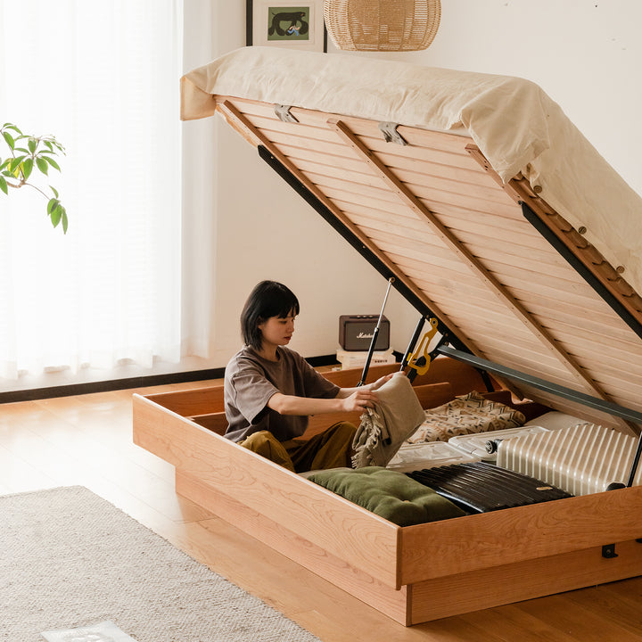 Scandinavian cherry wood lift-up storage platform bed  blue whale material variants.