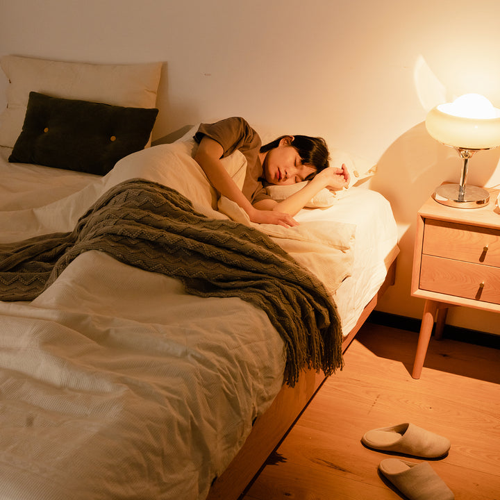 Scandinavian cherry wood lift-up storage platform bed  blue whale in close up details.