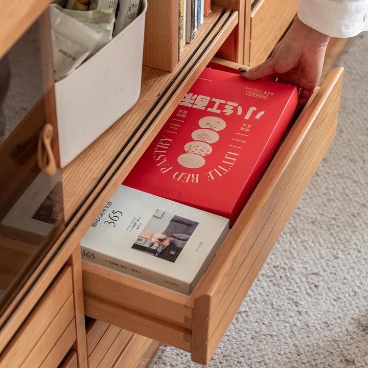 Scandinavian cherry wood modular cabinet grove in panoramic view.