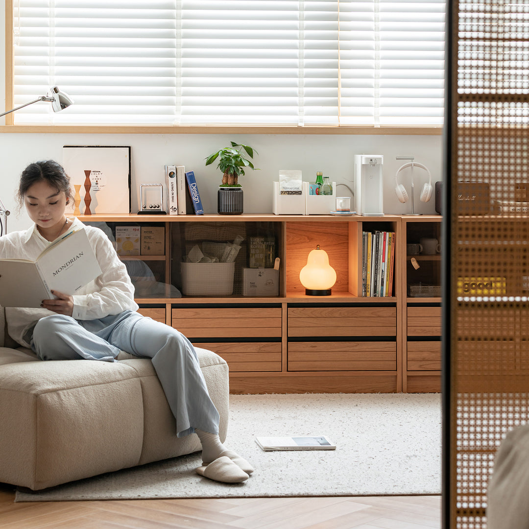 Scandinavian cherry wood modular cabinet grove material variants.