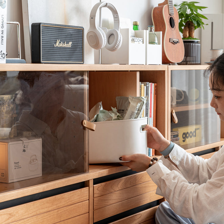 Scandinavian cherry wood modular cabinet grove in details.