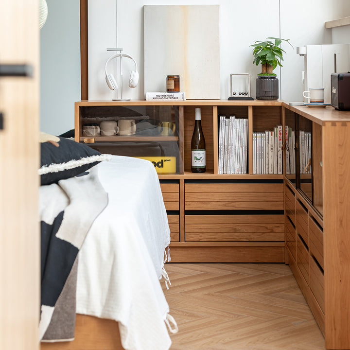 Scandinavian cherry wood modular cabinet grove in close up details.