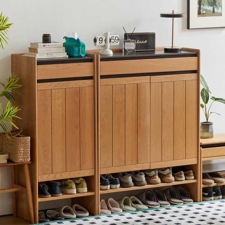 Scandinavian cherry wood modular shoe cabinet harbor material variants.