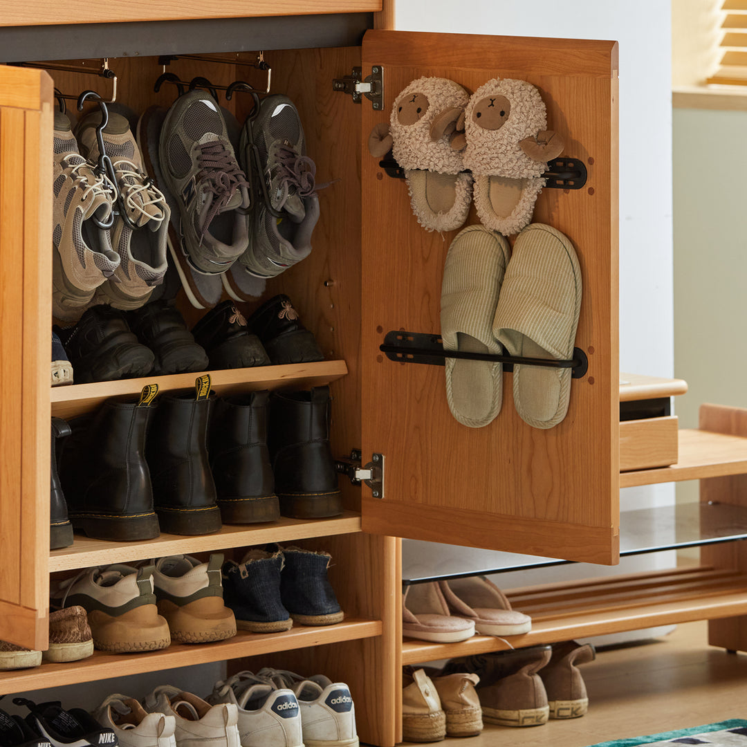 Scandinavian cherry wood modular shoe cabinet harbor with context.