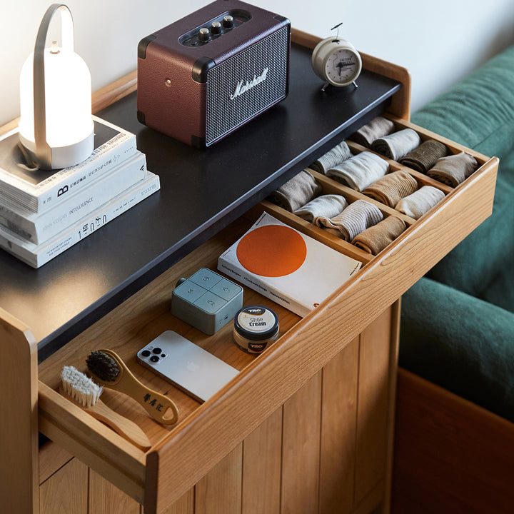 Scandinavian cherry wood modular shoe cabinet harbor in panoramic view.