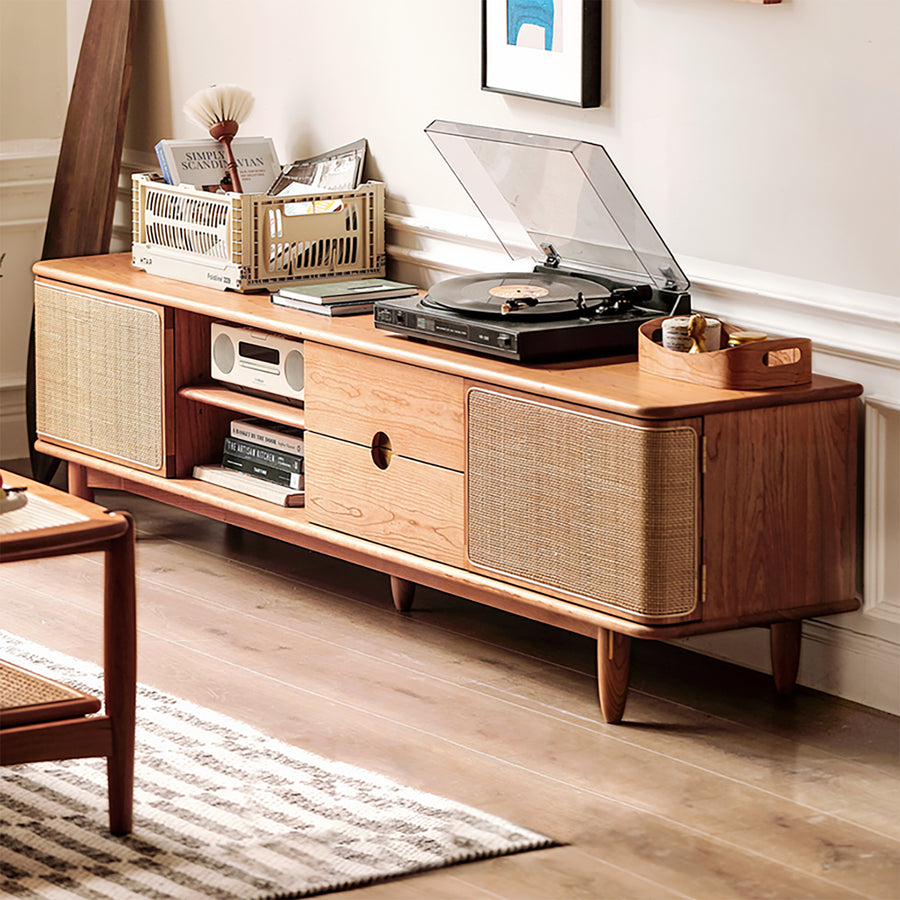 Scandinavian cherry wood rattan tv console rivo primary product view.