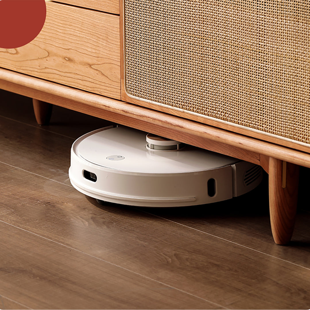 Scandinavian cherry wood rattan tv console rivo in panoramic view.