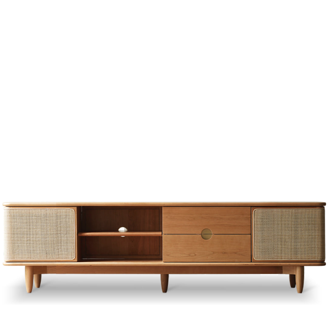 Scandinavian cherry wood rattan tv console rivo in still life.