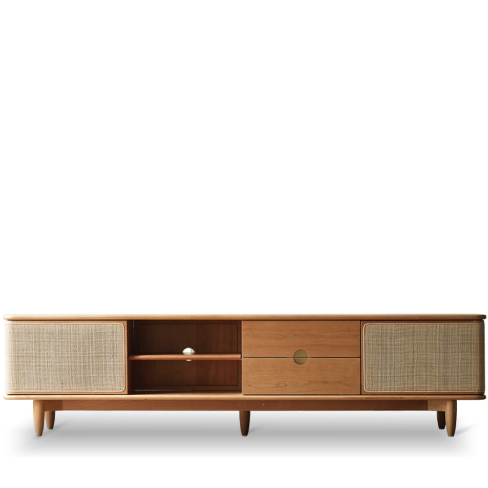 Scandinavian cherry wood rattan tv console rivo in white background.