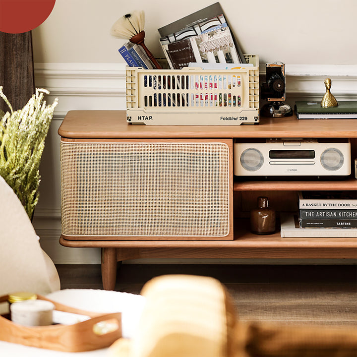 Scandinavian Cherry Wood Rattan TV Console RIVO
