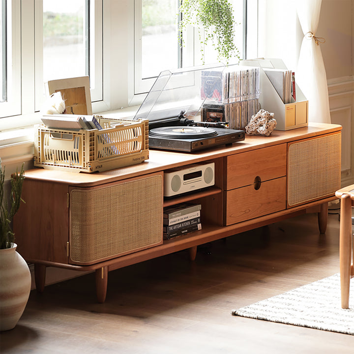 Scandinavian Cherry Wood Rattan TV Console RIVO