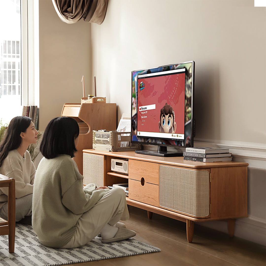 Scandinavian cherry wood rattan tv console rivo in real life style.
