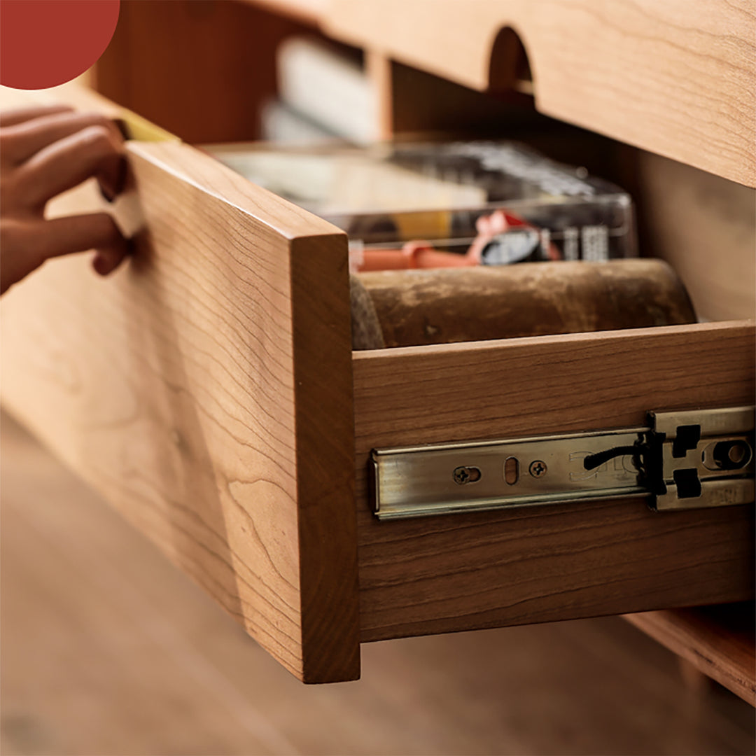 Scandinavian cherry wood rattan tv console rivo with context.