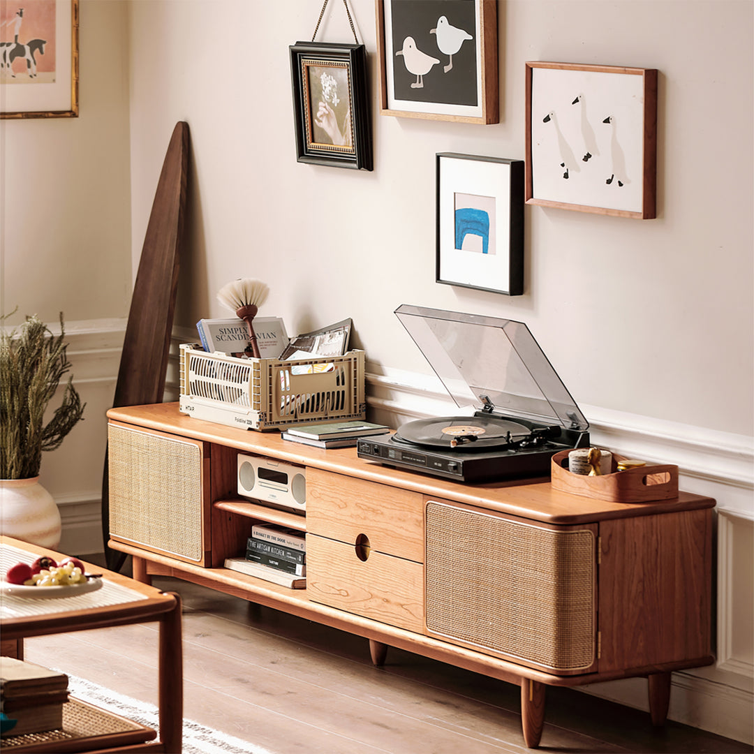 Scandinavian Cherry Wood Rattan TV Console RIVO