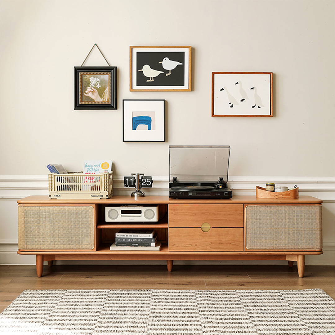 Scandinavian Cherry Wood Rattan TV Console RIVO