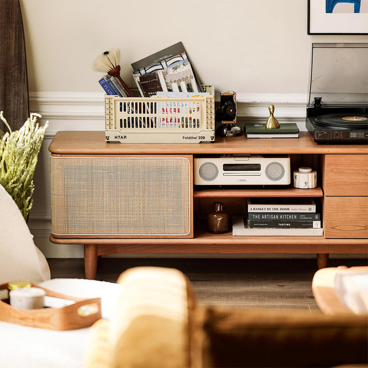 Scandinavian Cherry Wood Rattan TV Console RIVO