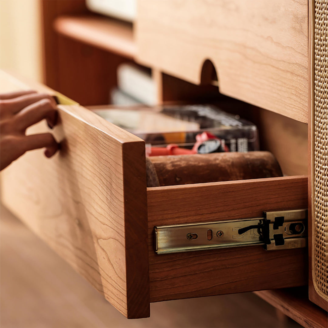 Scandinavian Cherry Wood Rattan TV Console RIVO