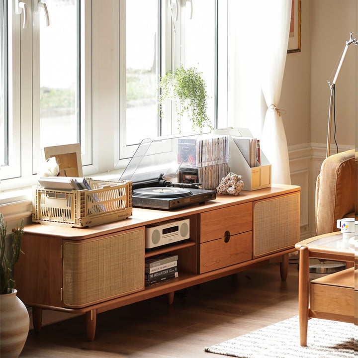 Scandinavian Cherry Wood Rattan TV Console RIVO