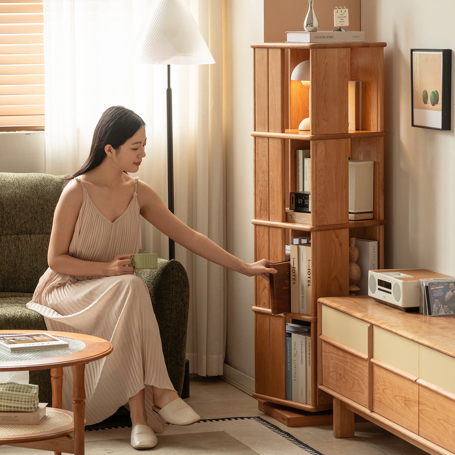 Scandinavian cherry wood revolving bookshelf rotterdam primary product view.