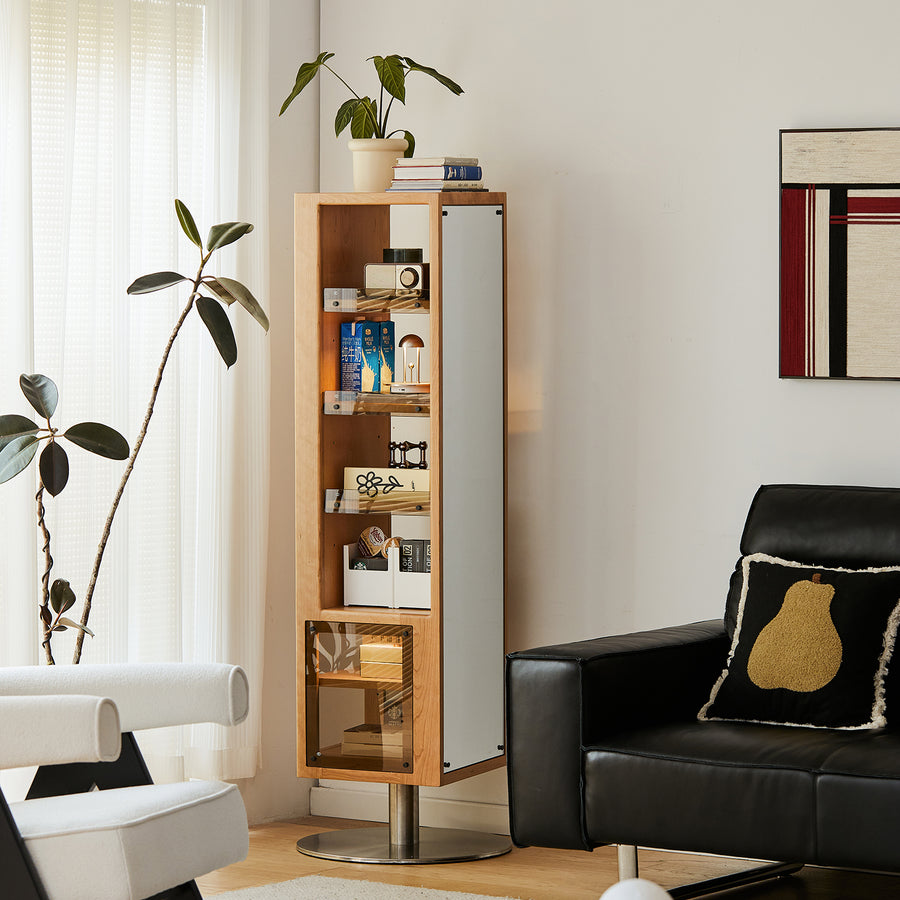 Scandinavian cherry wood revolving bookshelf with mirror twirl primary product view.