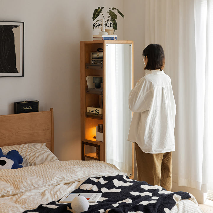 Scandinavian cherry wood revolving bookshelf with mirror twirl conceptual design.