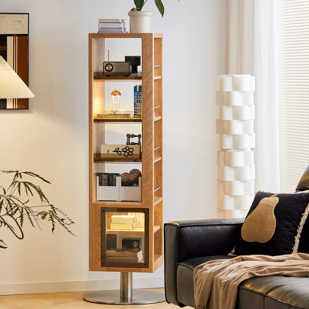 Scandinavian cherry wood revolving bookshelf with mirror twirl color swatches.