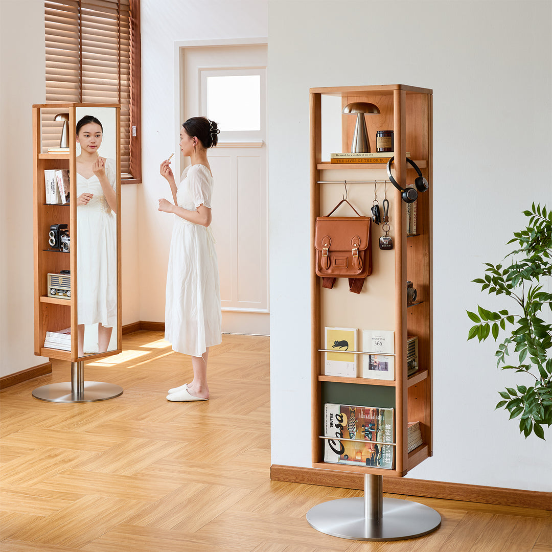 Scandinavian cherry wood revolving shelf with mirror timeless primary product view.