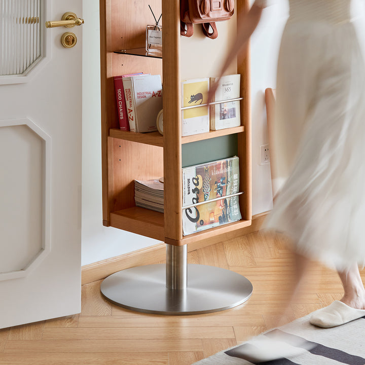 Scandinavian cherry wood revolving shelf with mirror timeless in panoramic view.