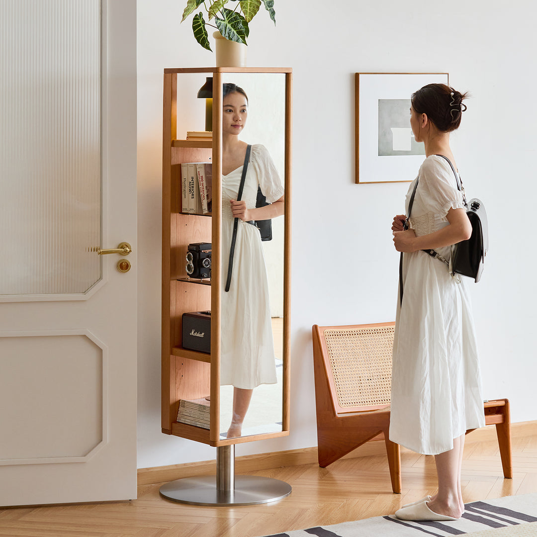 Scandinavian cherry wood revolving shelf with mirror timeless material variants.