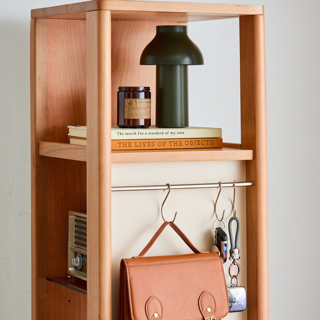 Scandinavian cherry wood revolving shelf with mirror timeless in details.