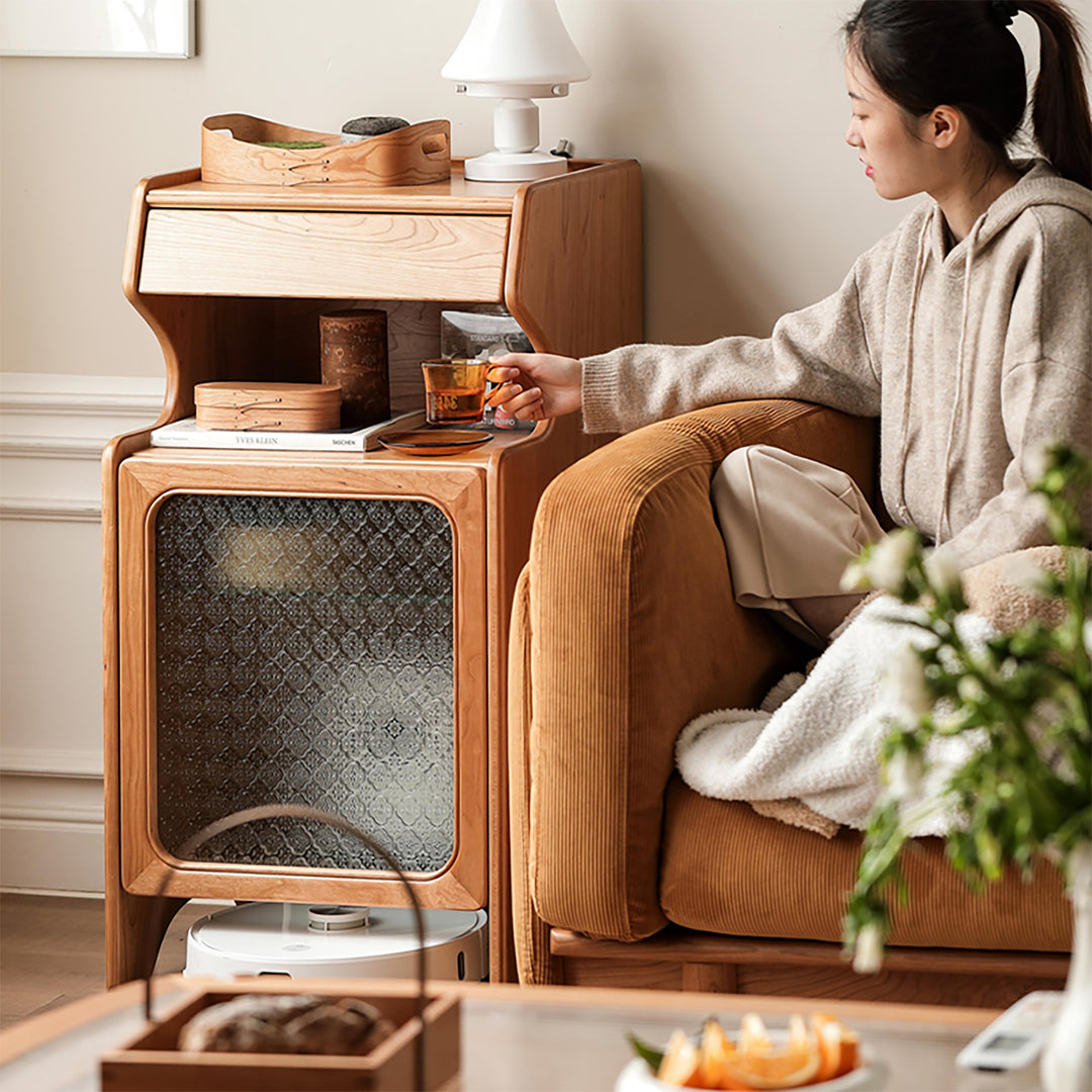 Scandinavian cherry wood robot vacuum cabinet cado color swatches.