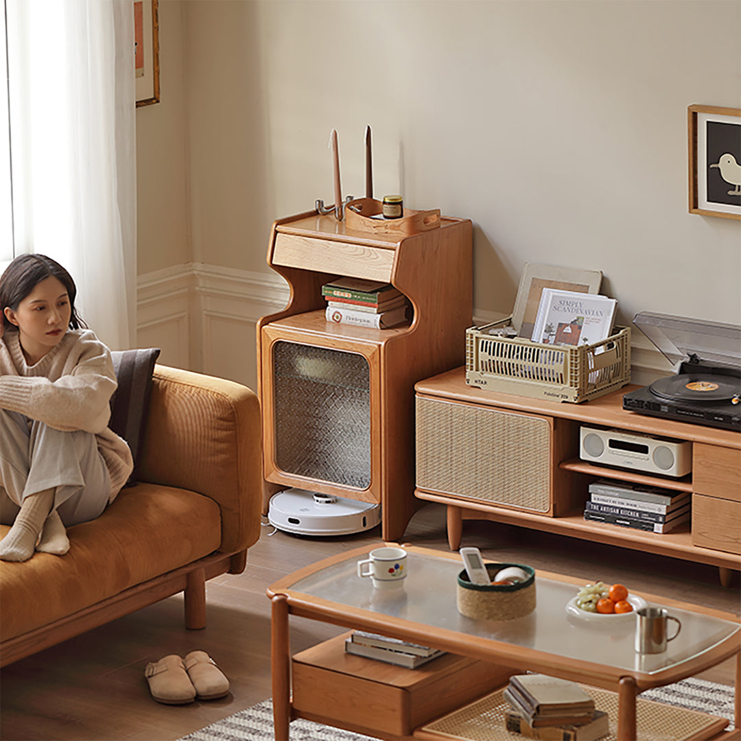 Scandinavian cherry wood robot vacuum cabinet cado with context.