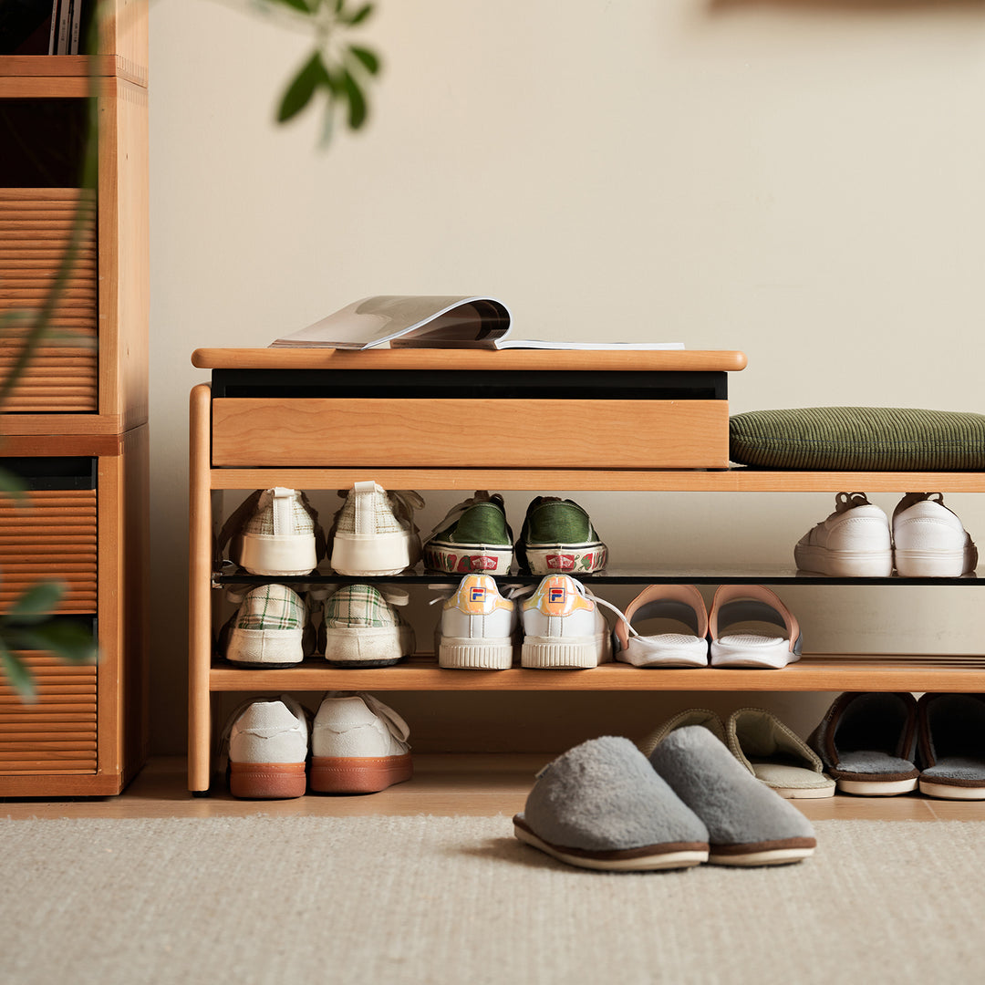 Scandinavian cherry wood shoe changing bench mori color swatches.
