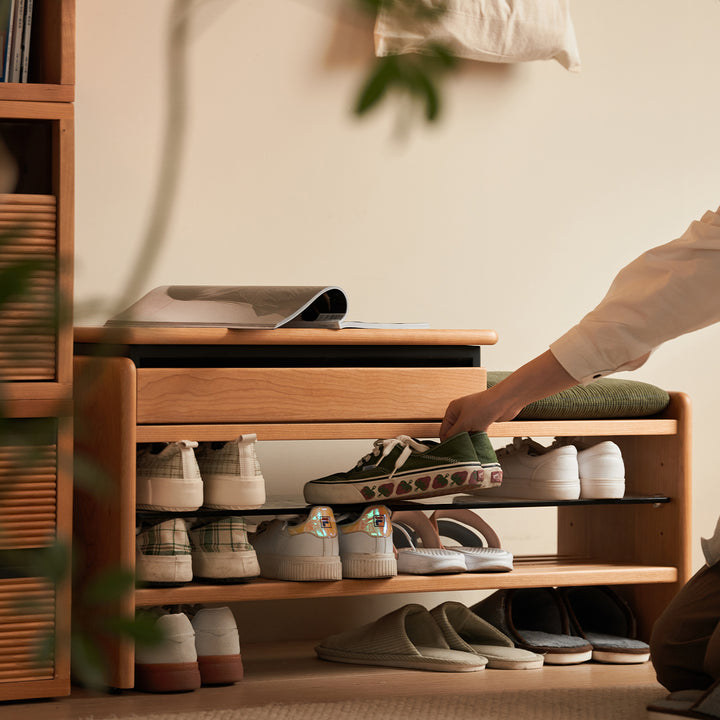 Scandinavian cherry wood shoe changing bench mori material variants.