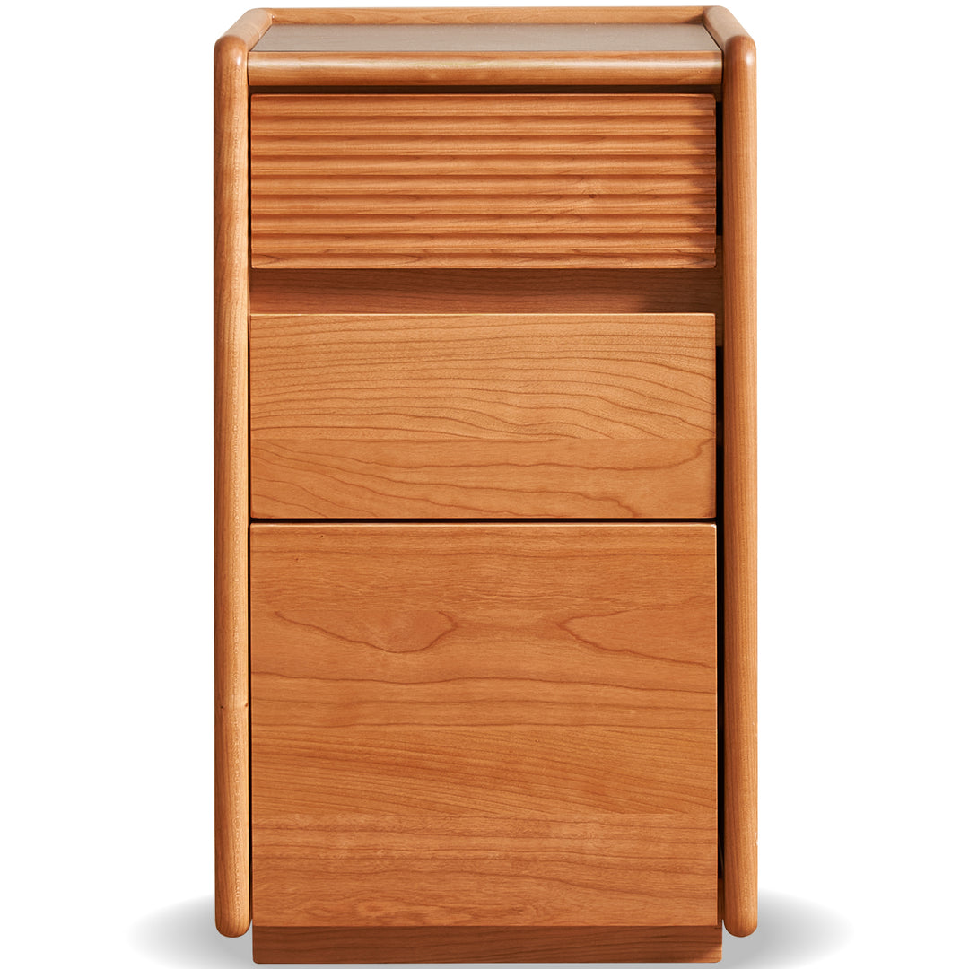 Scandinavian cherry wood side table auria in white background.